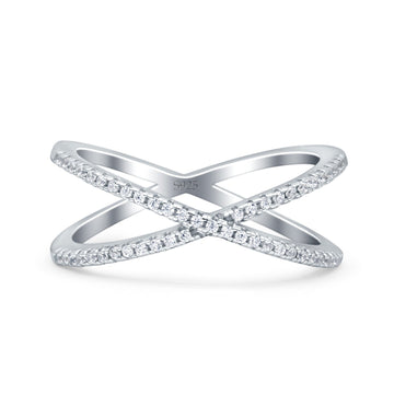 Cross Over X Crisscross Engagement Ring Round Simulated Cubic Zirconia 925 Sterling Silver